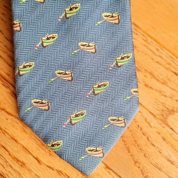 LANDS END Blue 100% Silk Necktie Row Boat Tie 60" Outdoor Made in U.S.A - Picture 2 of 12